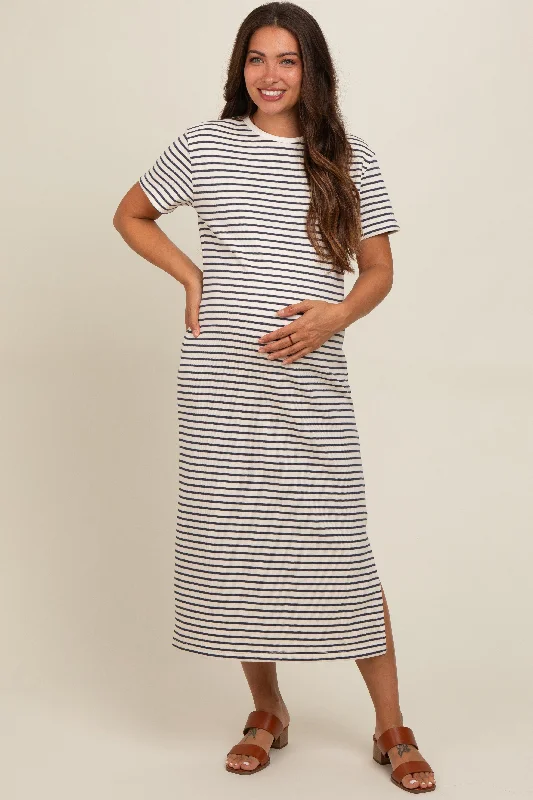 Navy Striped Short Sleeve Maternity T-Shirt Midi Dress