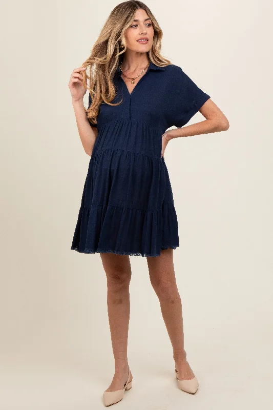 Navy Tiered Linen Maternity Dress