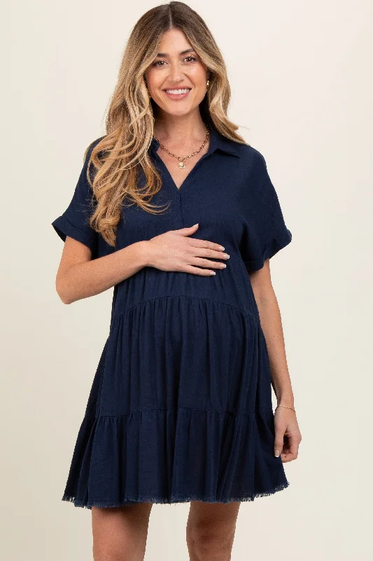 Navy Tiered Linen Maternity Dress