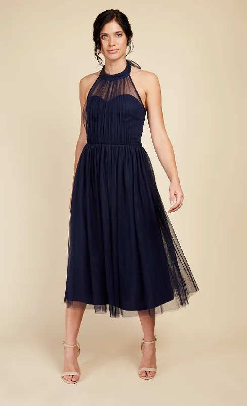 Navy Tulle Halter Midi Dress