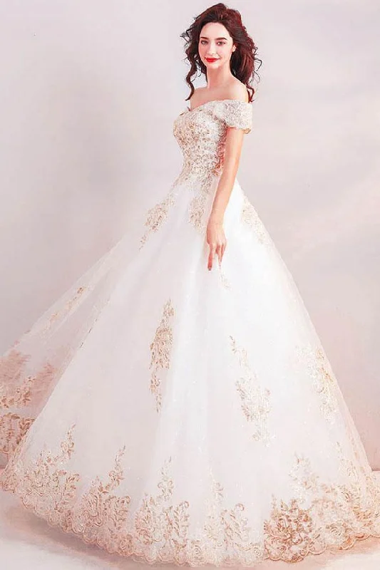 Off the Shoulder Ball Gown Long Wedding Dress with Gold Appliques  WD368