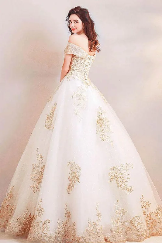 Off the Shoulder Ball Gown Long Wedding Dress with Gold Appliques  WD368