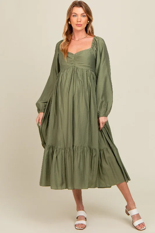 Olive Front Ruched Babydoll Maternity Midi Dress