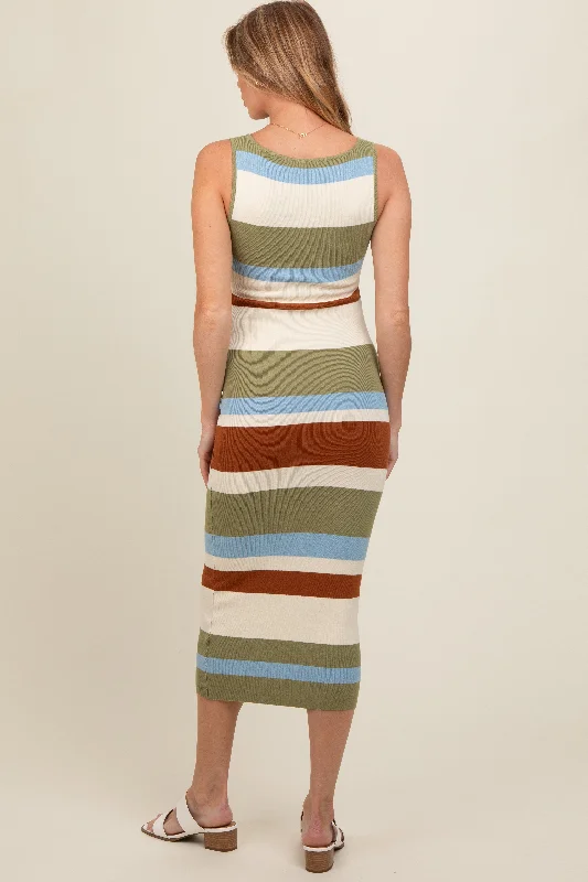 Olive Striped Sweater Square Neck Maternity Midi Dress