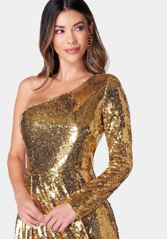 One Shoulder Sequin Sash Dress