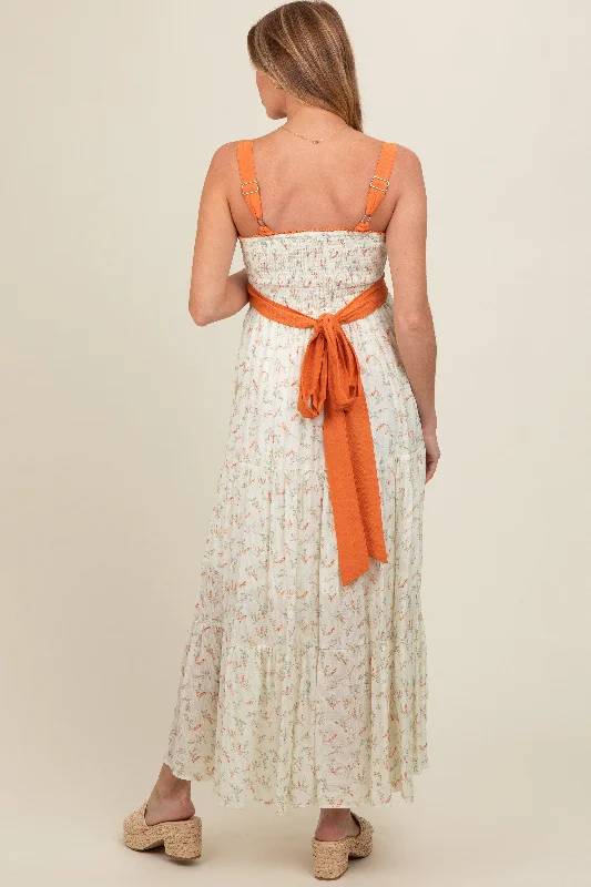 Orange Floral Contrast Sash Tie Maternity Maxi Dress