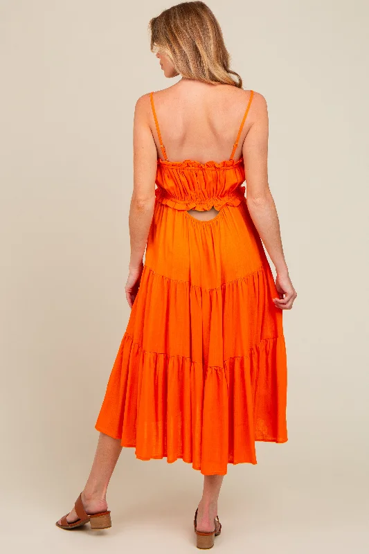 Orange Front Tie Cutout Tiered Maternity Midi Dress