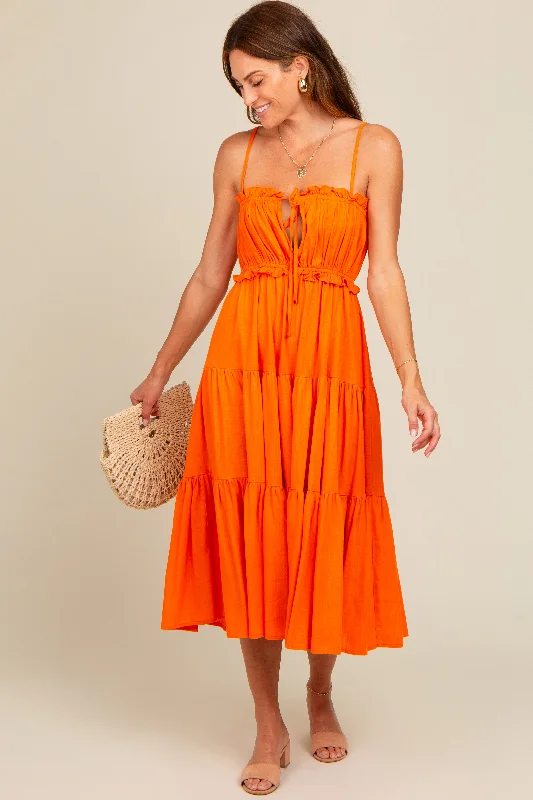 Orange Front Tie Cutout Tiered Maternity Midi Dress