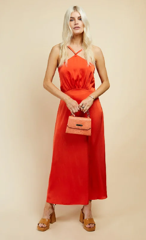 Orange Satin Midi Dress