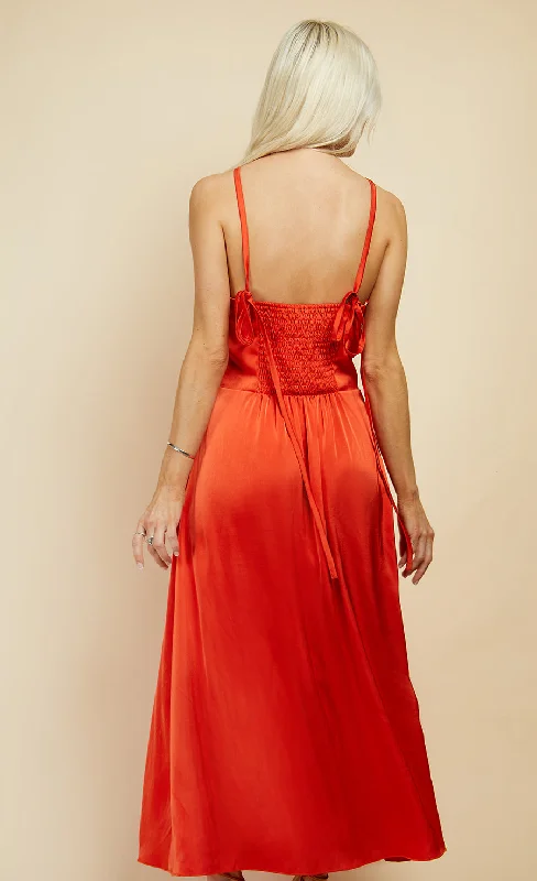 Orange Satin Midi Dress