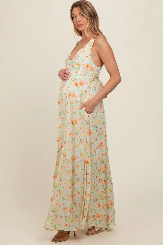 Peach Floral Crisscross Back Maternity Maxi Dress