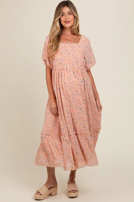 Peach Floral Ruffle Hem Maternity Maxi Dress