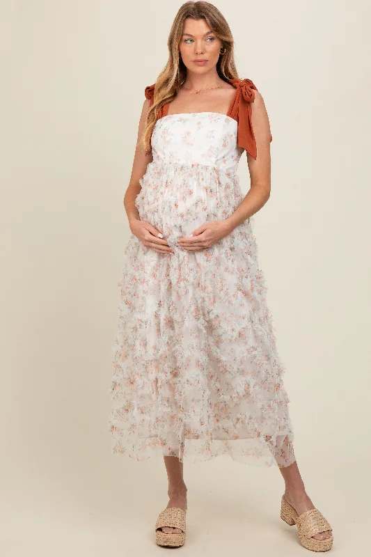 Peach Floral Ruffle Tiered Maternity Maxi Dress