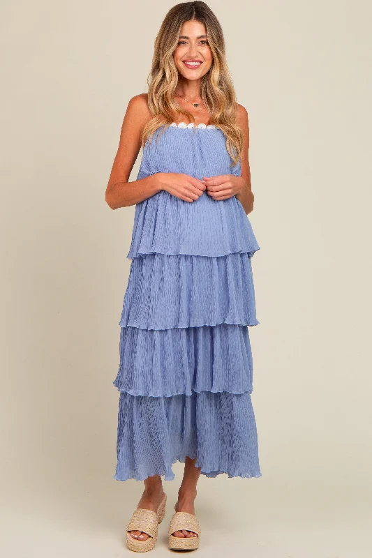 Periwinkle Ruffle Tiered Maternity Maxi Dress