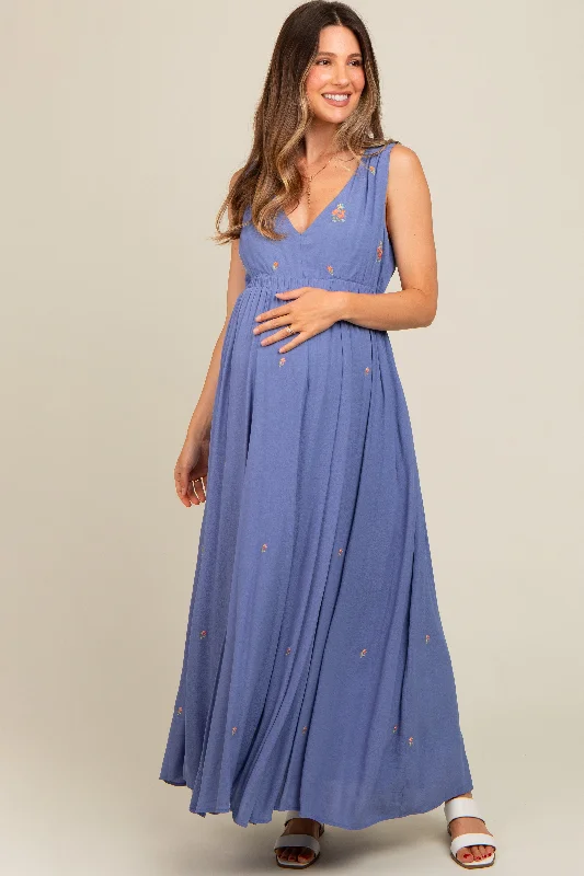 Perwinkle Floral Embroidered Sleeveless Maternity Maxi Dress