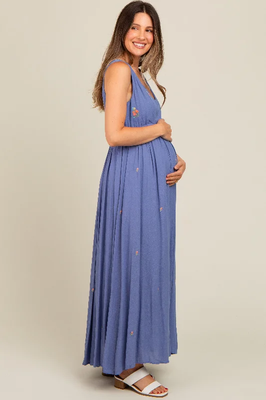 Perwinkle Floral Embroidered Sleeveless Maternity Maxi Dress