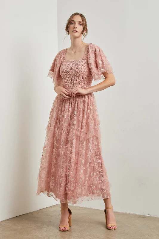 Pink Floral Embroidered Ruffle Tulle Maternity Midi Dress