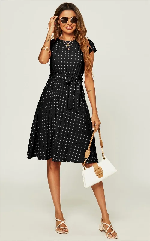 Polka Dot Sleeveless Pleated Midi Dress In Black