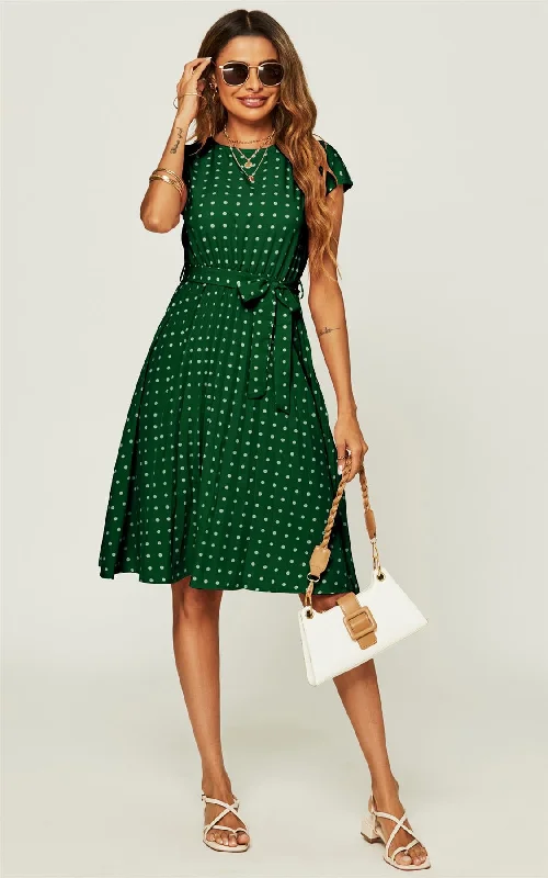 Polka Dot Sleeveless Pleated Midi Dress In Green