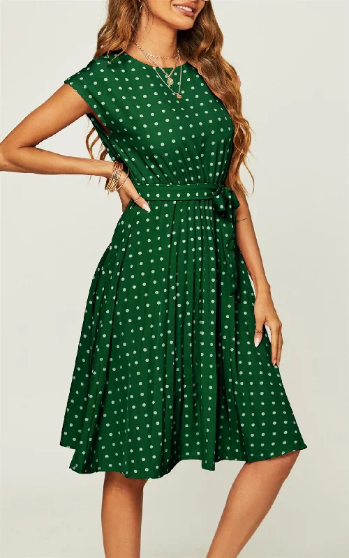 Polka Dot Sleeveless Pleated Midi Dress In Green