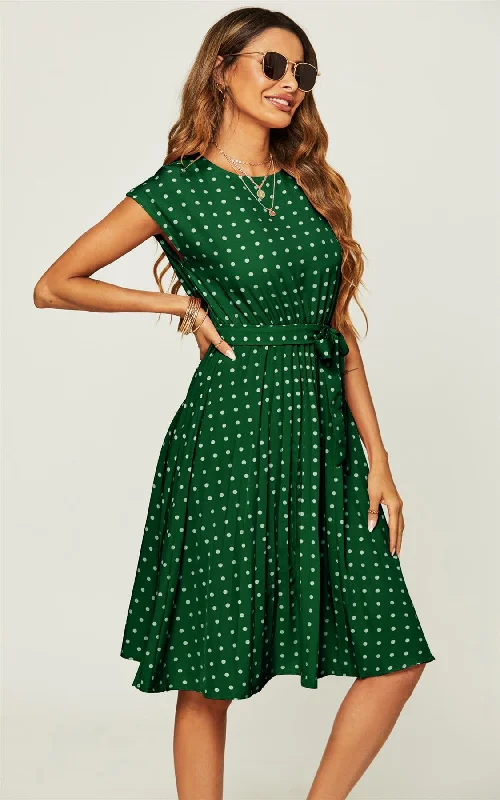 Polka Dot Sleeveless Pleated Midi Dress In Green