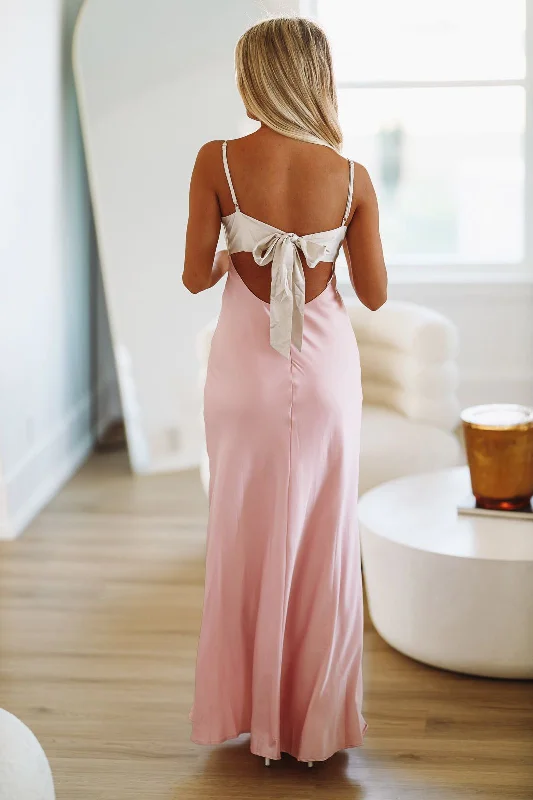 Pretty in Pink Maxi Slip Dress - Light Pink and Champagne