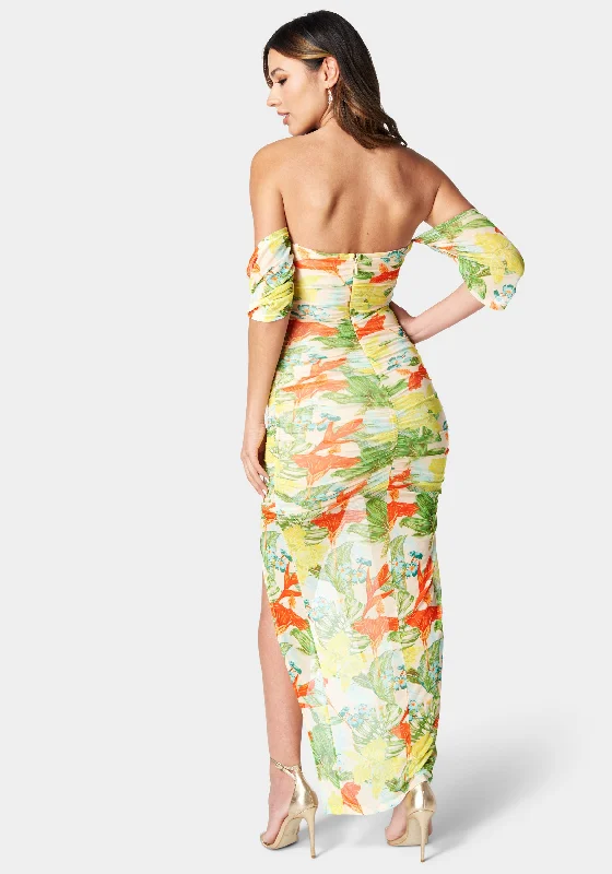 Printed Off Shoulder Mesh Dress