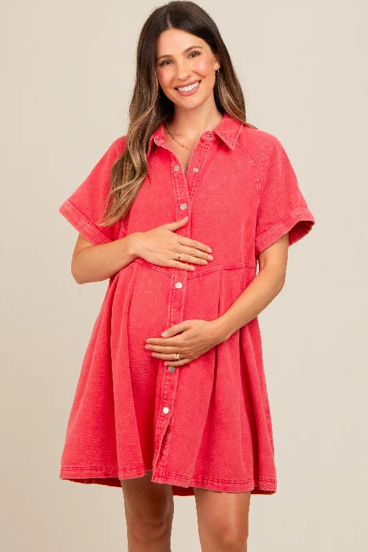 Red Denim Button Down Maternity Mini Dress