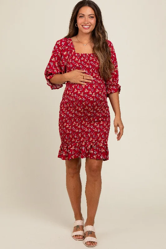 Red Floral Smocked Fitted Maternity Dress