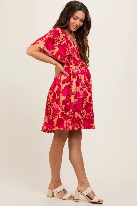 Red Leaf Print Smocked V-Neck Maternity Dress