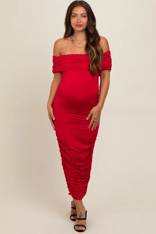 Red Off Shoulder Ruched Maternity Midi Dress