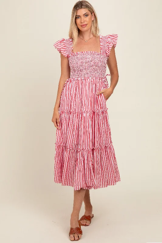 Red Striped Smocked Ruffle Tiered Maternity Midi Dress