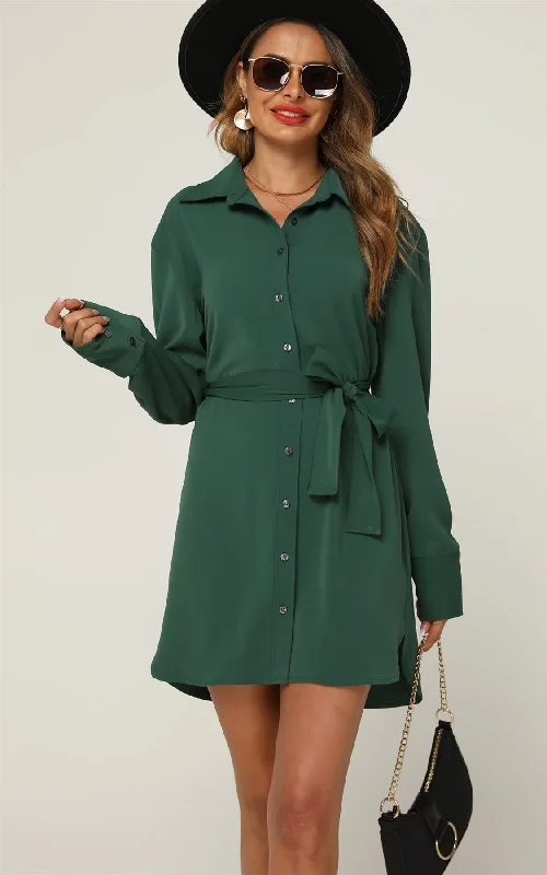 Relaxed Rounded Side Split Mini Shirt Dress In Green