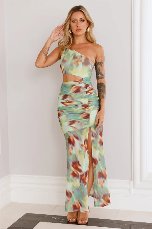 Reward Me One Shoulder Mesh Maxi Dress Green