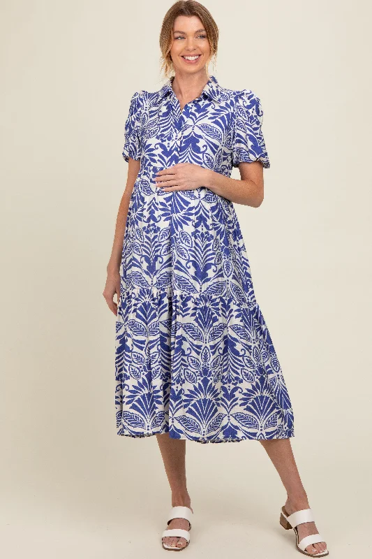 Royal Blue Damask Print Button Down Maternity Midi Dress