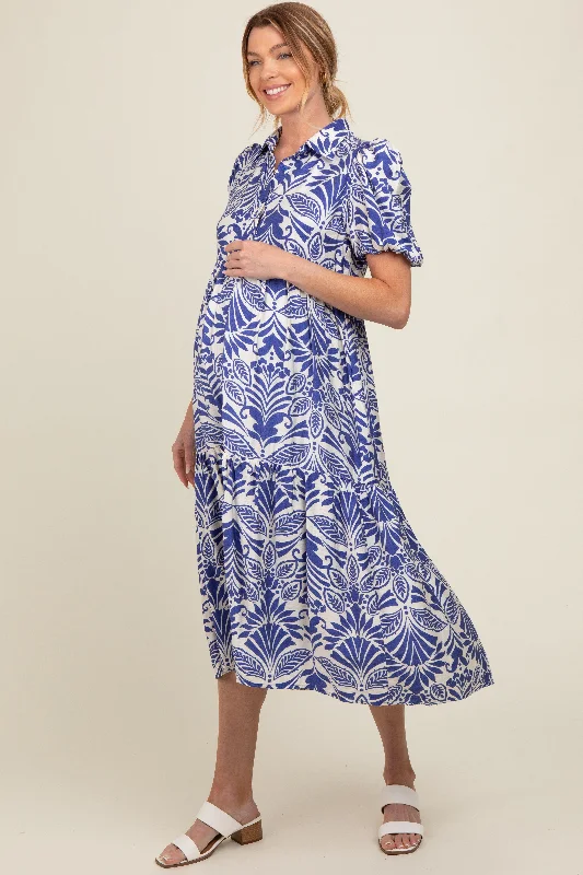 Royal Blue Damask Print Button Down Maternity Midi Dress