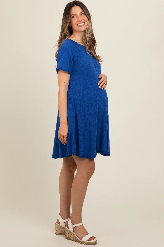 Royal Blue Solid T-shirt Maternity Mini Dress