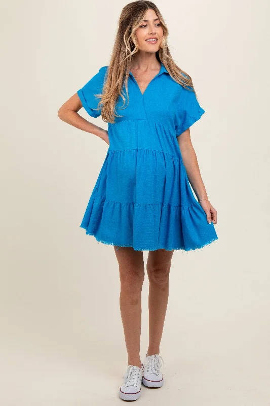 Royal Blue Tiered Linen Maternity Dress