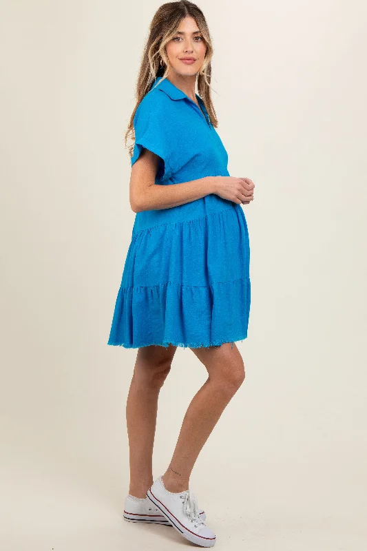 Royal Blue Tiered Linen Maternity Dress