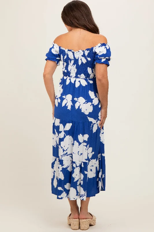 Royal Floral Smocked Knotted Top Maternity Maxi Dress