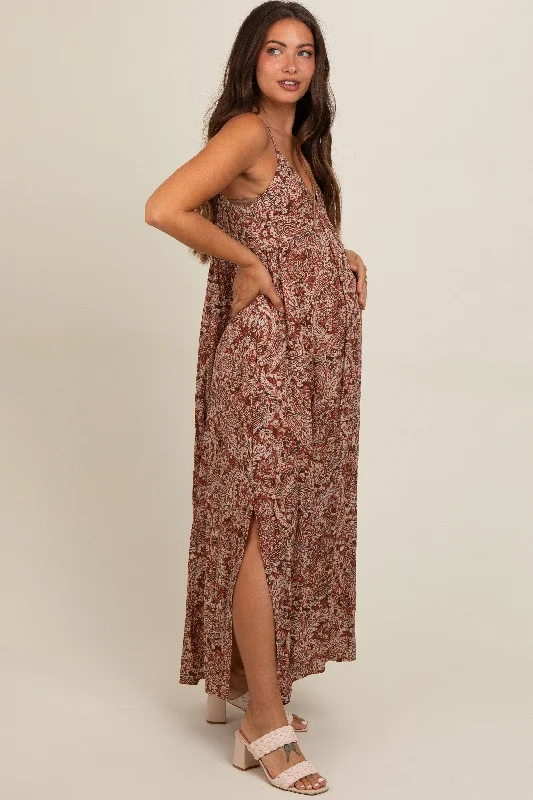 Rust Paisley Babydoll Cami Strap Maternity Maxi Dress