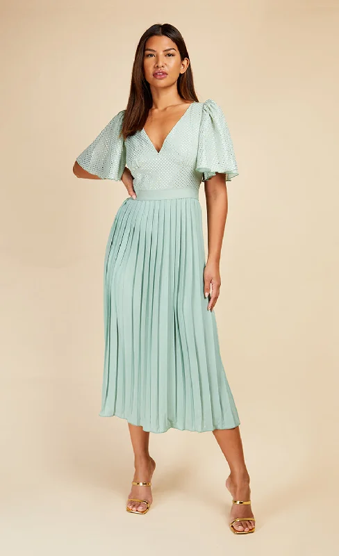 Sage Gold Foil Spot Pleated Midaxi Dress