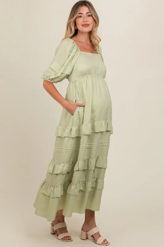 Sage Ruffle Tiered Maternity Maxi Dress