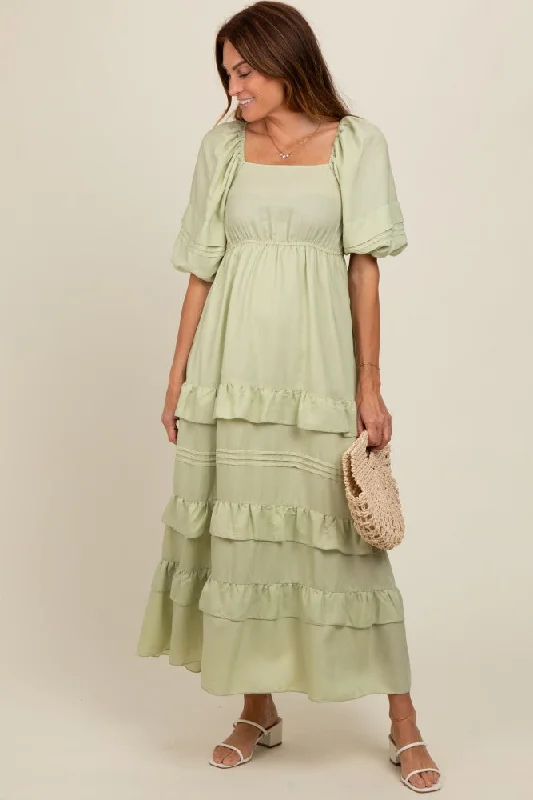 Sage Ruffle Tiered Maternity Maxi Dress