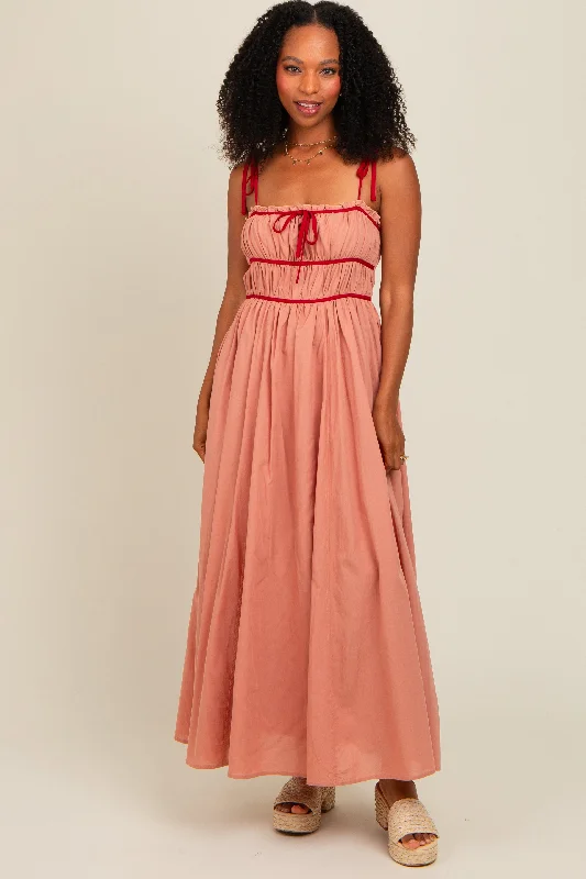 Salmon Contrast Ribbon Trim Maternity Maxi Dress