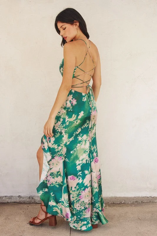 Waitlist 10/10 ♥ Sami Sleeveless Back Tie Floral Print Maxi Dress Green