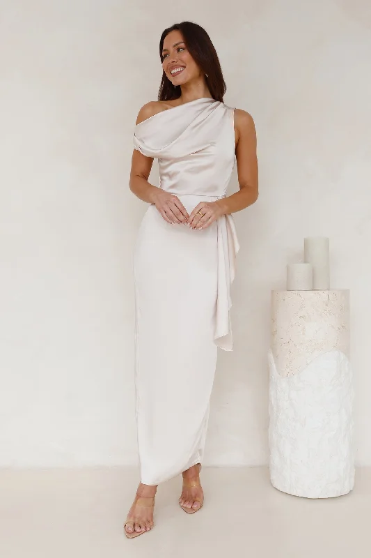 Satin Whisper Off Shoulder Maxi Dress Champagne