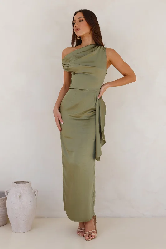 Satin Whisper Off Shoulder Maxi Dress Sage