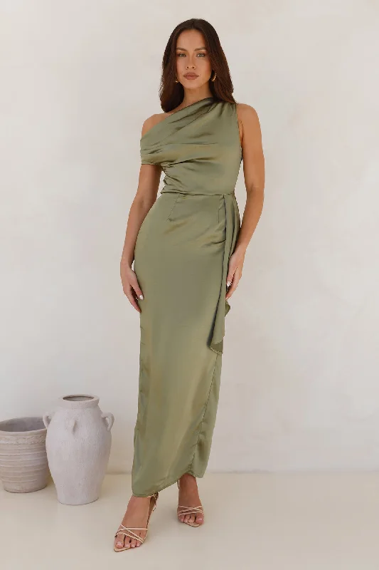 Satin Whisper Off Shoulder Maxi Dress Sage