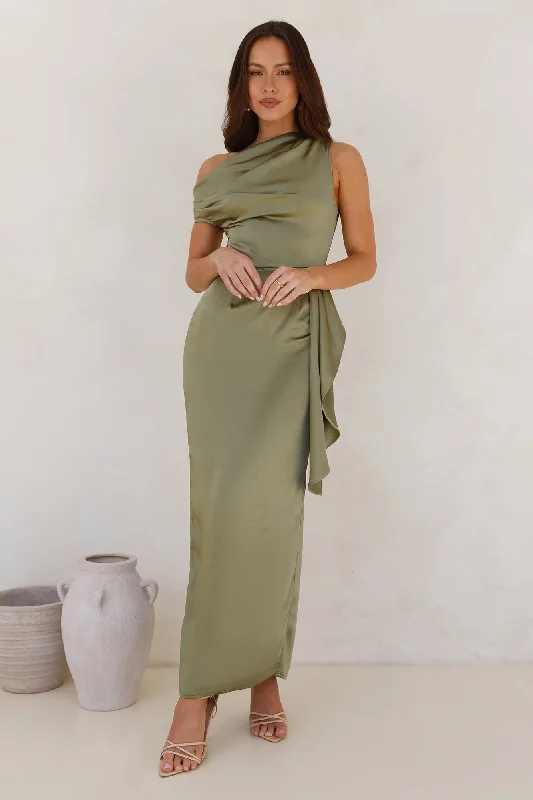 Satin Whisper Off Shoulder Maxi Dress Sage